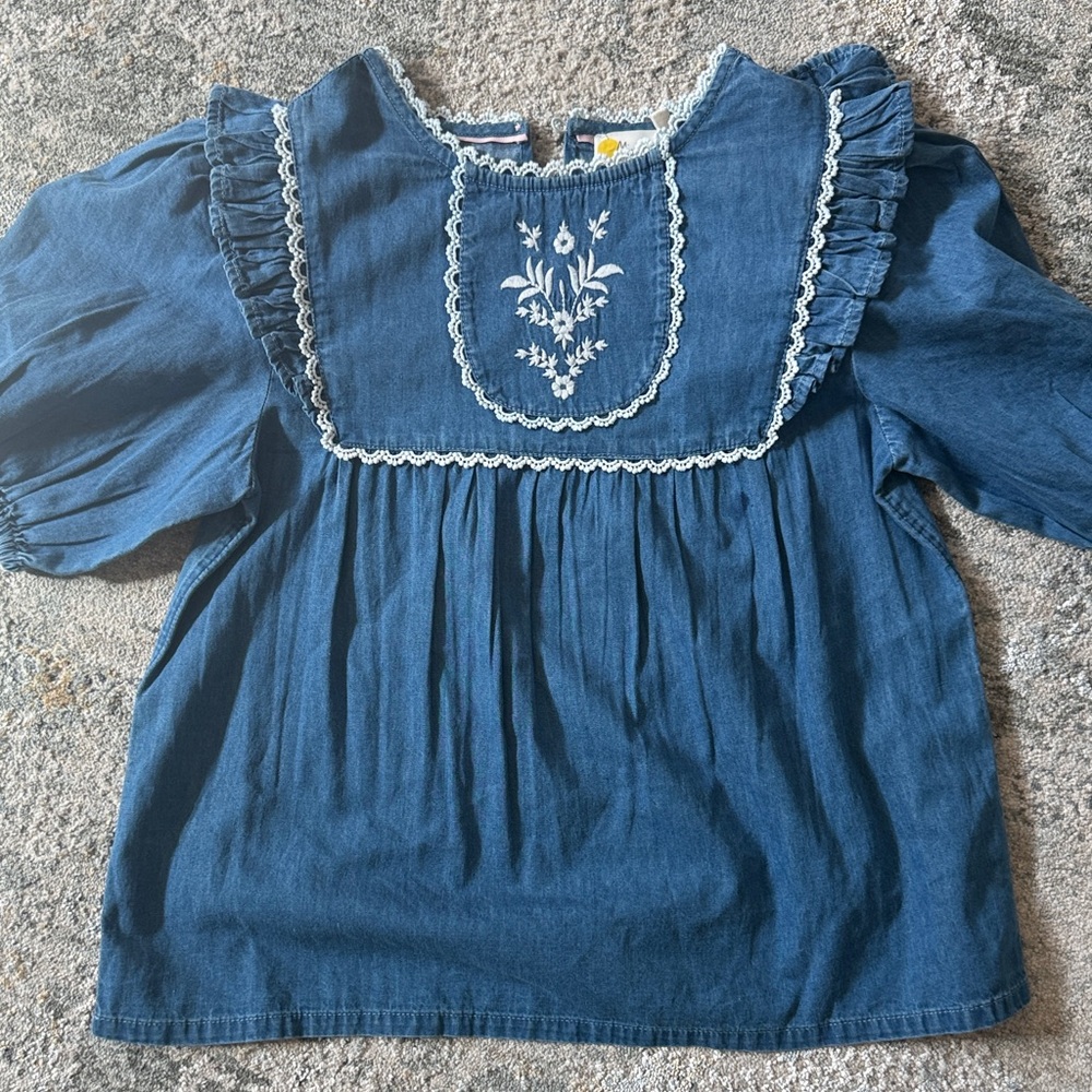 Mini Boden Denim Blue Kids Blouse with Embroidery